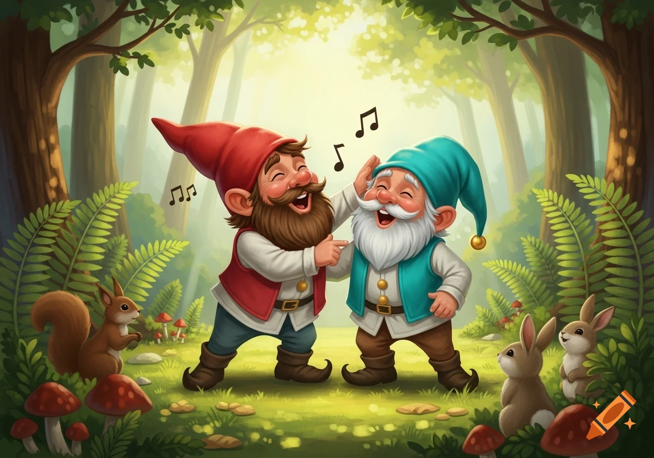 Two cheerful gnomes, one nudging the other, laugh and sing in a whimsical forest with animals and mushrooms. Cartoon illustration.