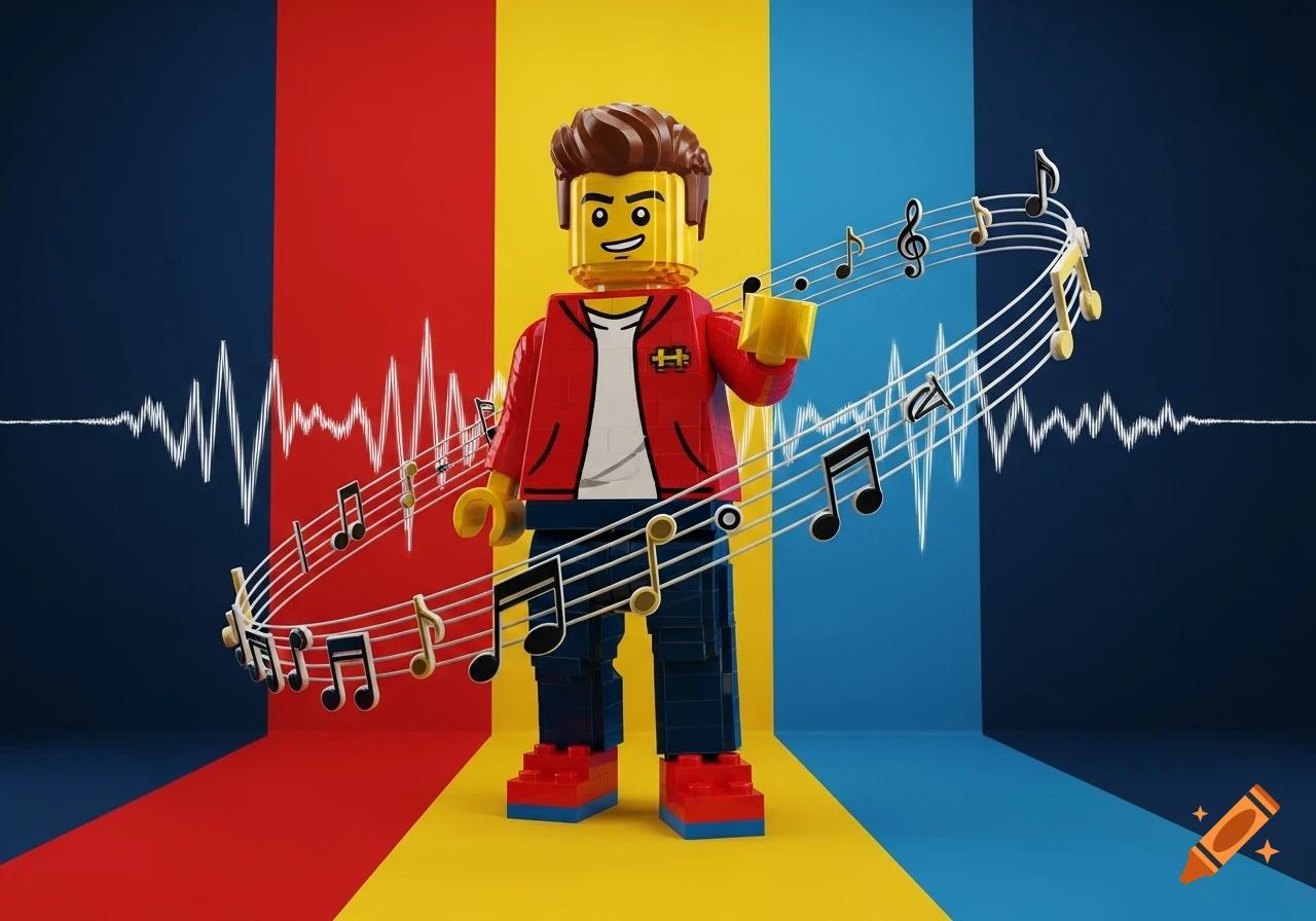 A Lego figure in a red jacket with a yellow H symbol, standing amidst musical notes and sound waves against a red, yellow, and blue background.