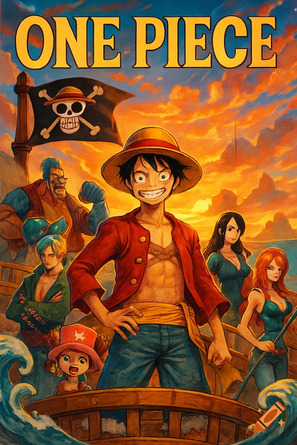 Anime poster of the Straw Hat Pirates, including Luffy, on their ship at sunset, with 'ONE PIECE' text.