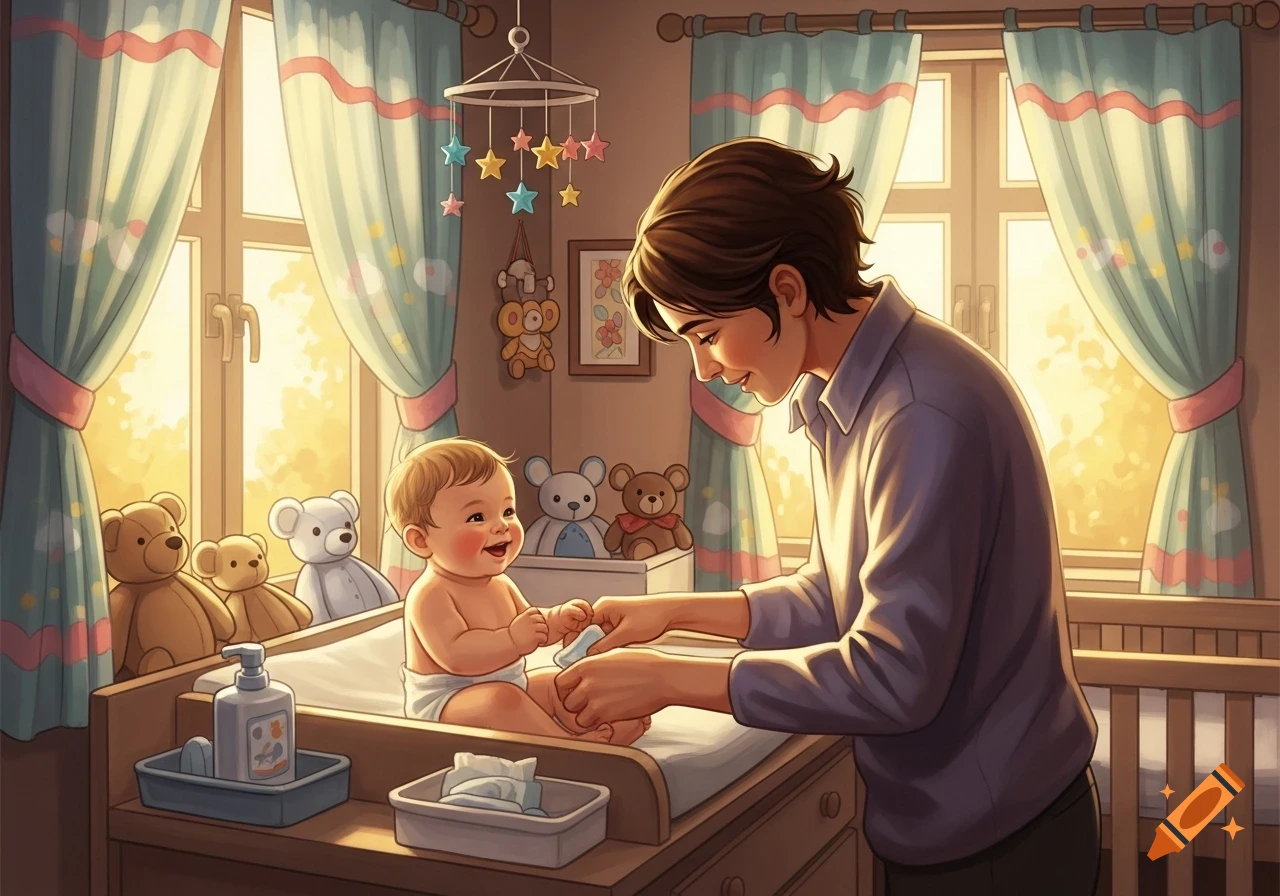 An illustration of an adult person changing a smiling baby's diaper on a changing table in a brightly lit nursery, surrounded by teddy bears.