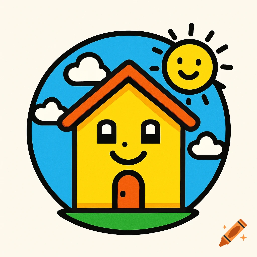 A cheerful cartoon logo of a yellow house with a smiling face, an orange roof, a blue sky, white clouds, and a smiling sun.
