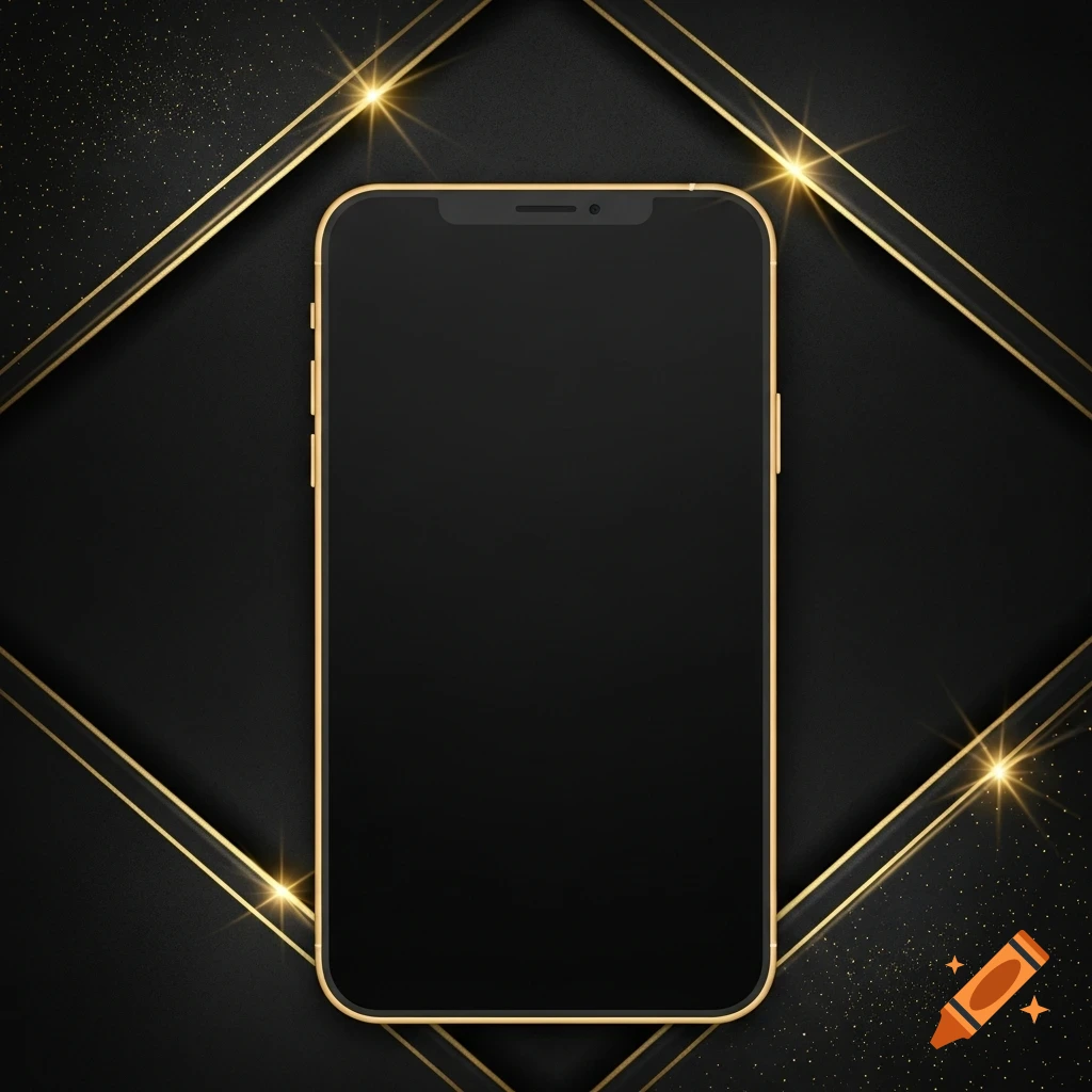 A black smartphone with a gold frame, centered on a black background with gold geometric lines and sparkling accents.