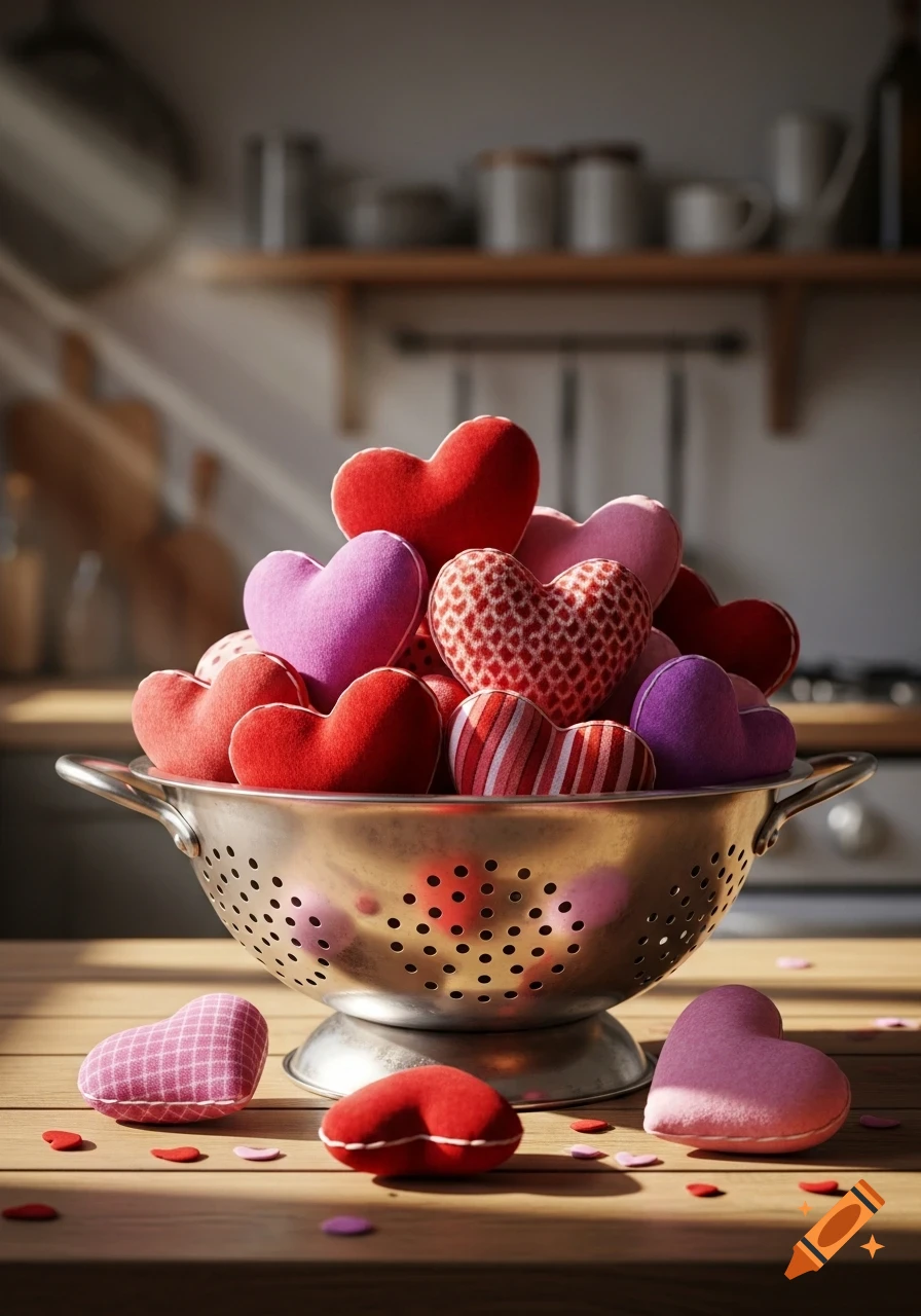 A metal colander overflows with red, pink, and purple heart-shaped pillows on a wooden kitchen counter, with more hearts scattered around.