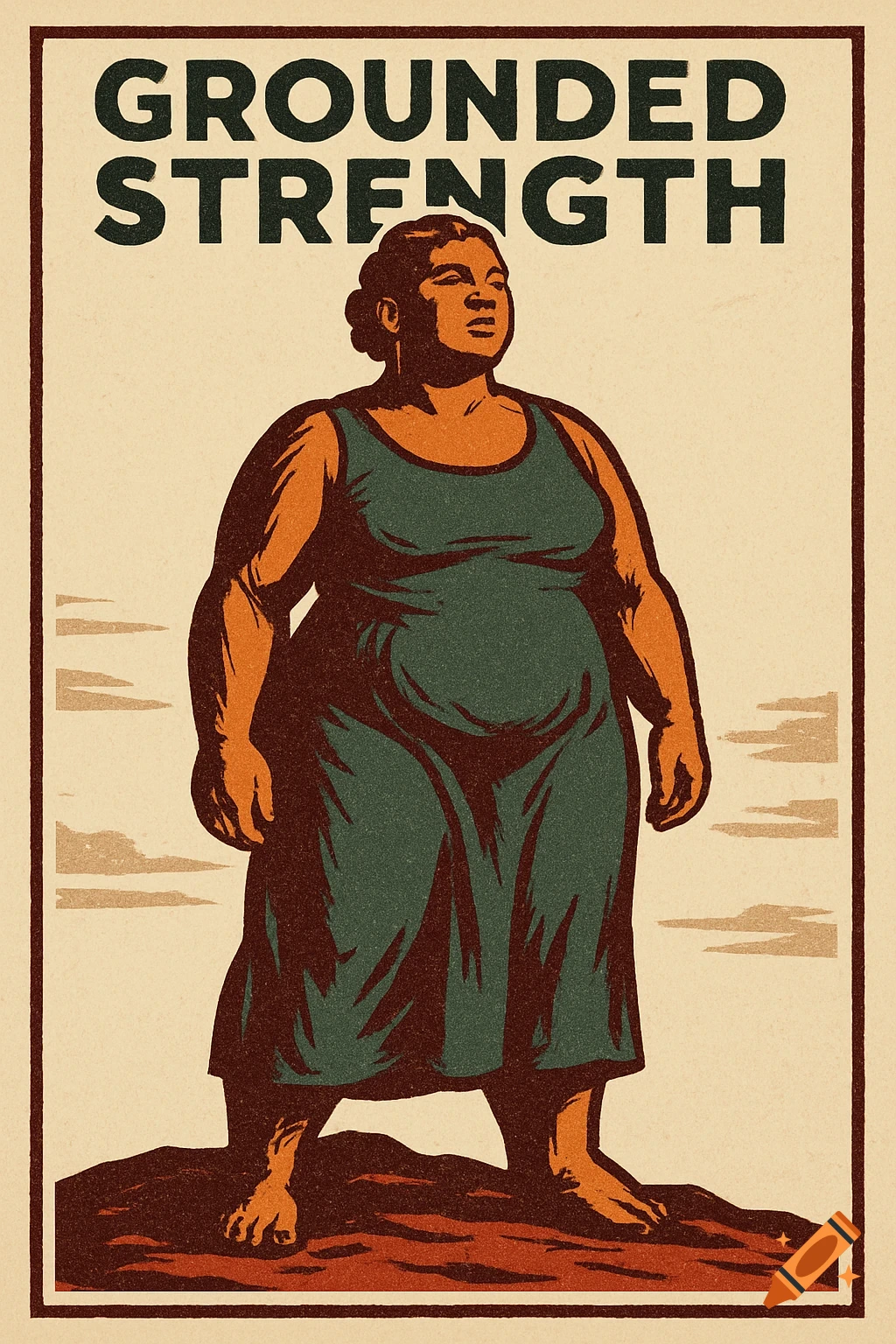WPA-style linocut illustration of a full-figured woman standing confidently on a hill, with 'GROUNDED STRENGTH' at the top, in muted colors.