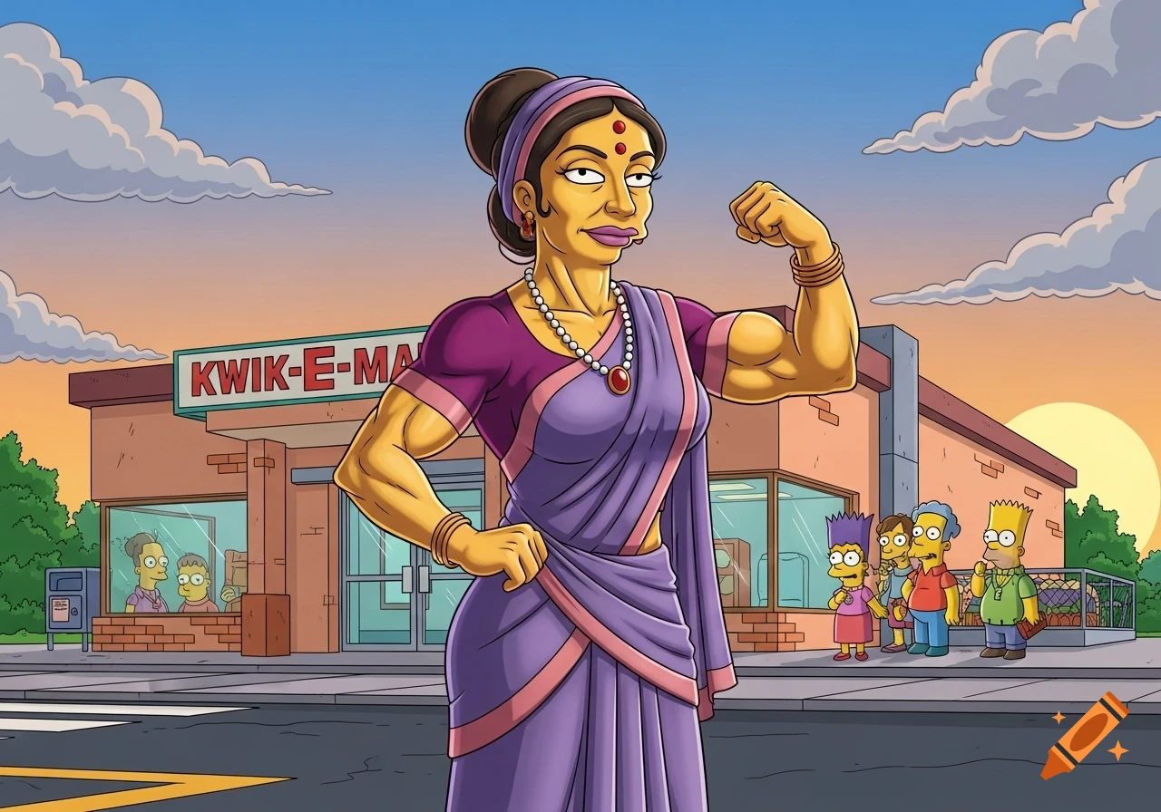 Muscular Manjula from The Simpsons, wearing a purple saree, flexes her bicep in front of the Kwik-E-Mart, with other characters watching.