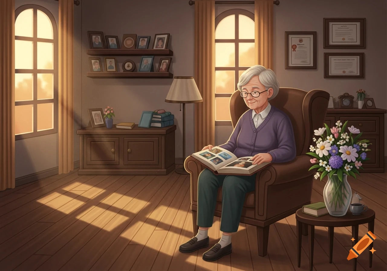 An elderly woman with gray hair and glasses sits in an armchair, looking at a photo album in a sunlit living room. Illustration.