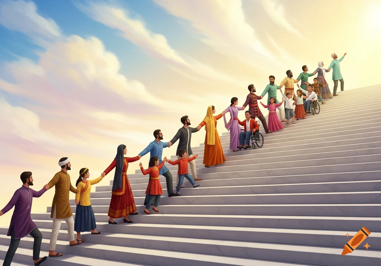 Diverse group of people holding hands, including children and wheelchair users, ascend a grand staircase towards a bright, cloudy sky.