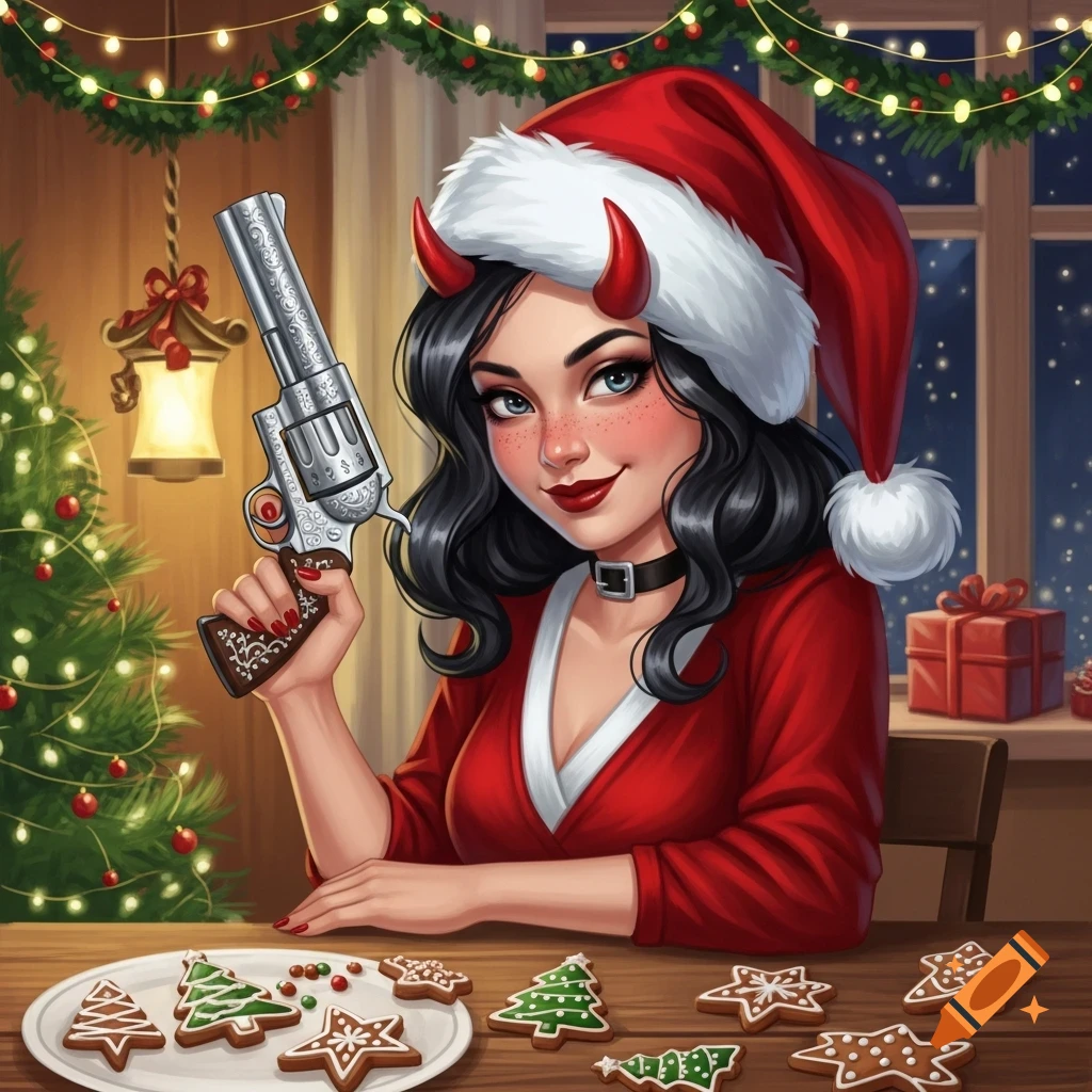 Stylized illustration of a woman in a Santa hat with devil horns holding an ornate revolver, sitting at a table with Christmas gingerbread cookies.