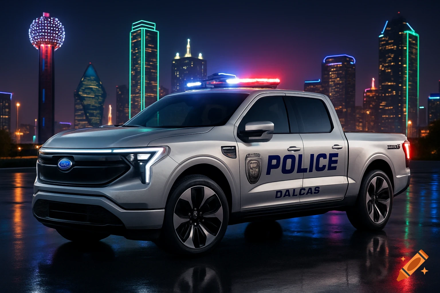 A silver Ford F-150 police pickup truck with flashing lights parked in front of a lit Dallas city skyline at night.