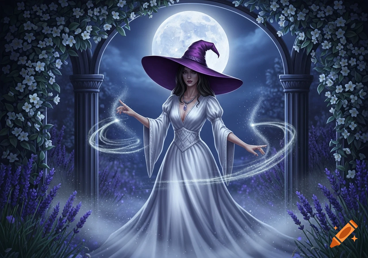 Illustration of a witch in a white dress and a wide purple hat, casting magic under a full moon in an archway with lavender and white flowers.