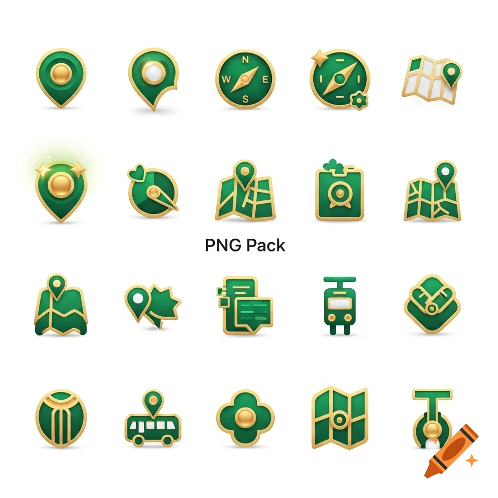 A grid of green and gold 3D icons for maps and navigation, including map pins, compasses, maps, and transport symbols.