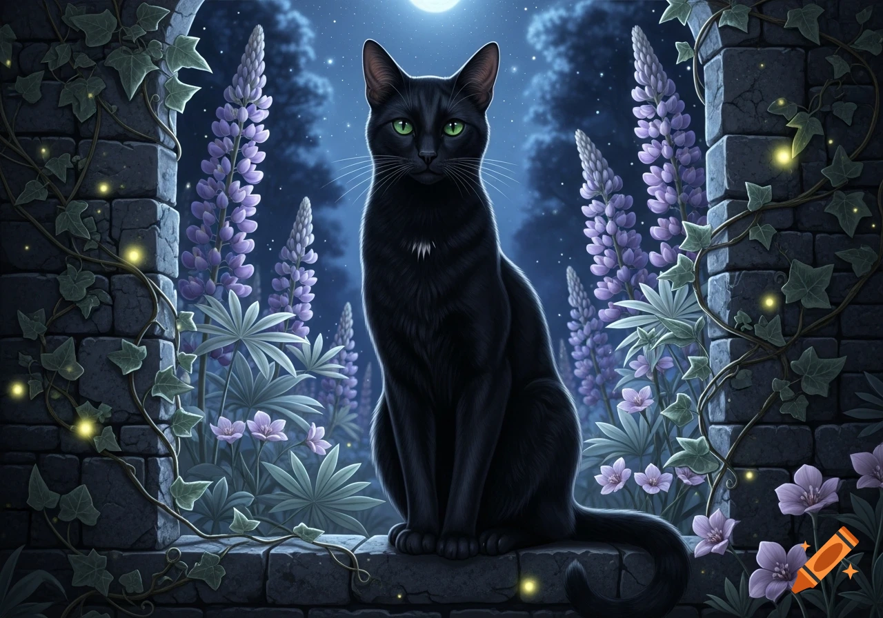 A black cat with green eyes sits on a stone wall under a full moon ...