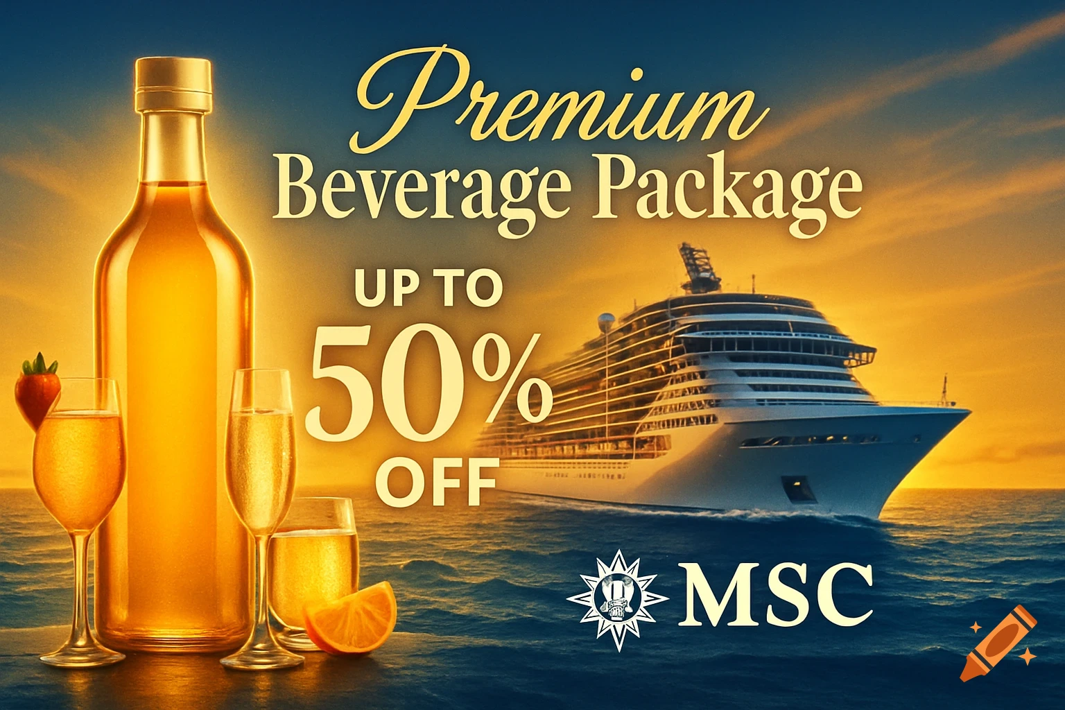 A golden bottle and glasses with drinks, a cruise ship at sunset, advertising 'Premium Beverage Package UP TO 50% OFF MSC'.