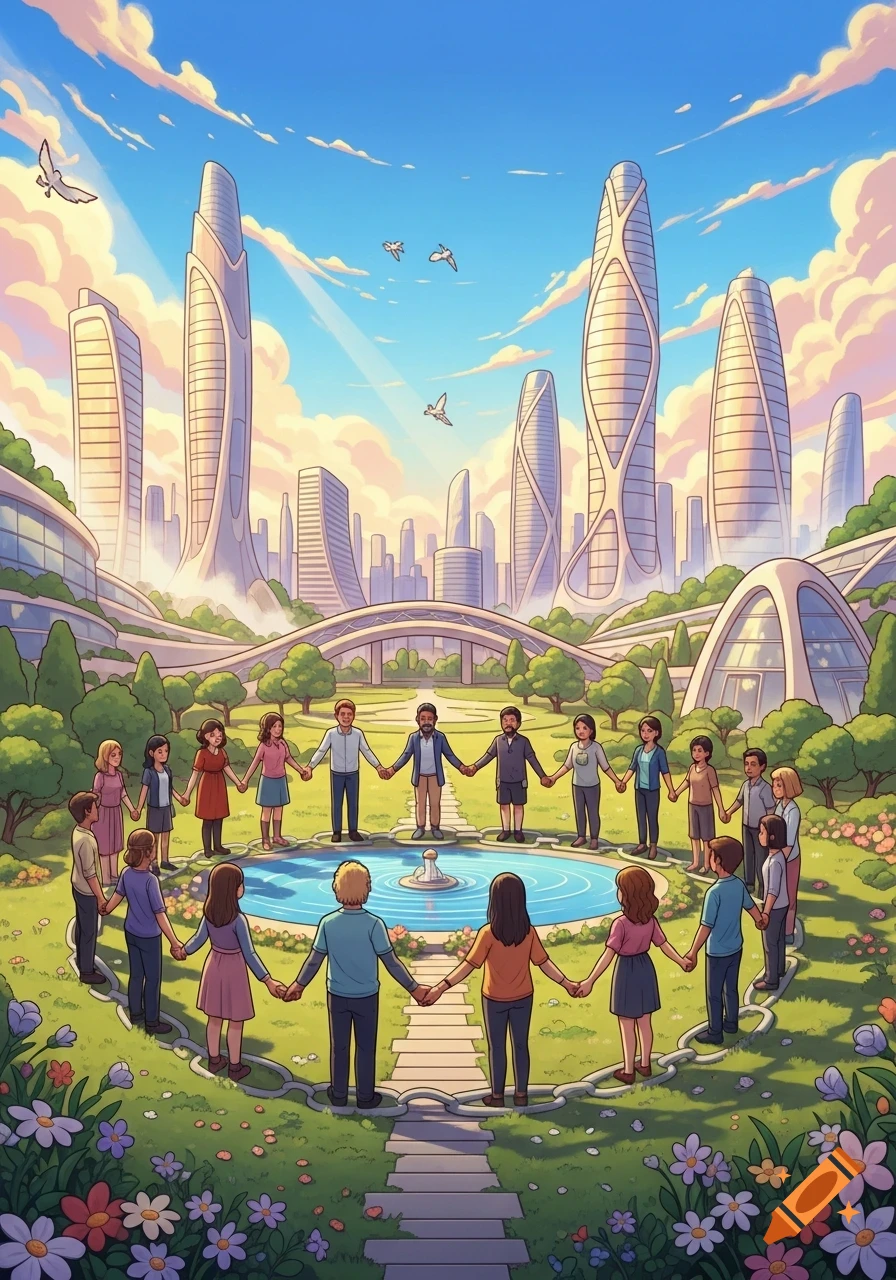 Cartoon illustration of diverse people holding hands in a circle in a park with a futuristic city skyline.