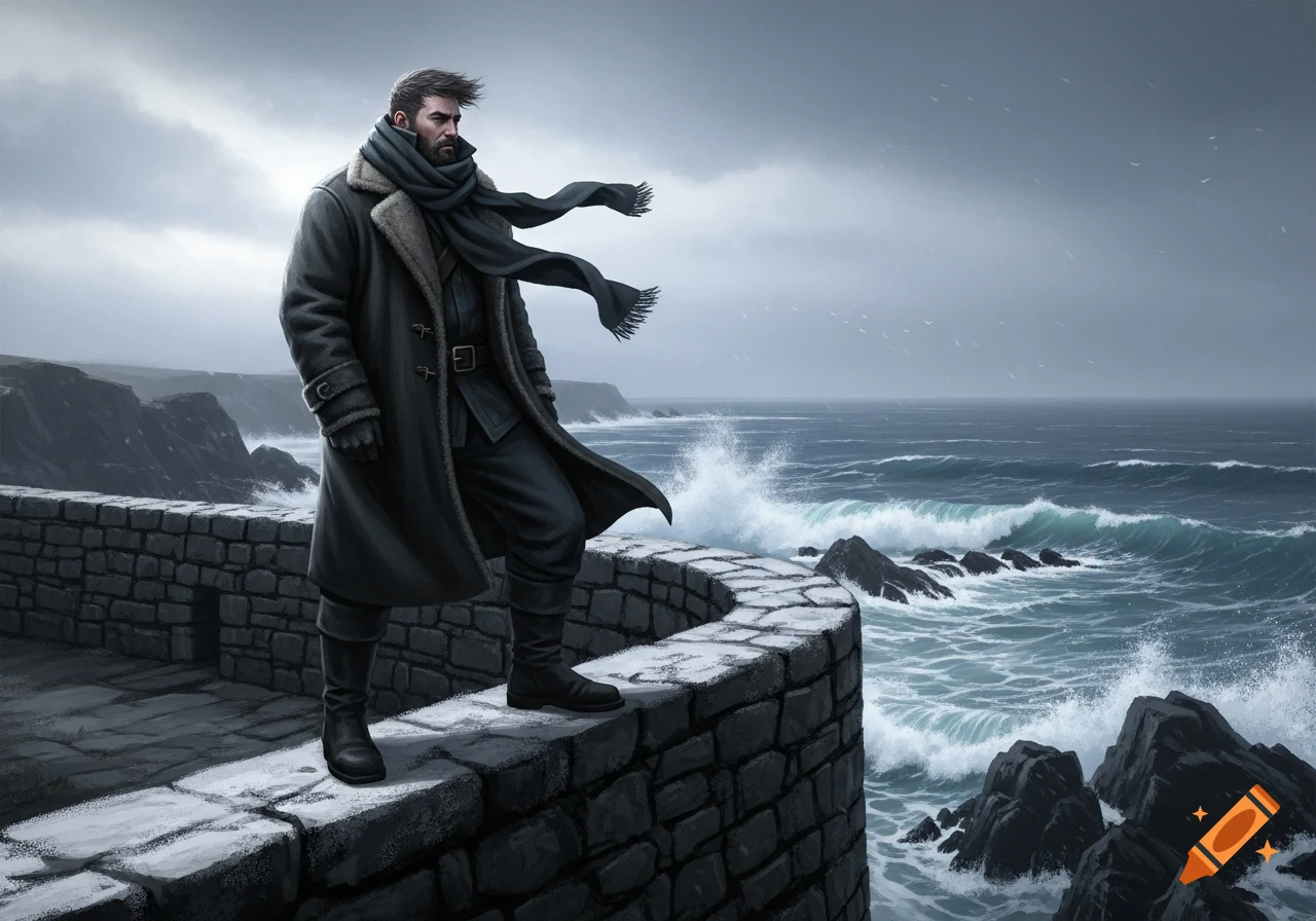 A man in a long dark coat and scarf stands on a stone wall overlooking a turbulent, stormy sea with crashing waves.