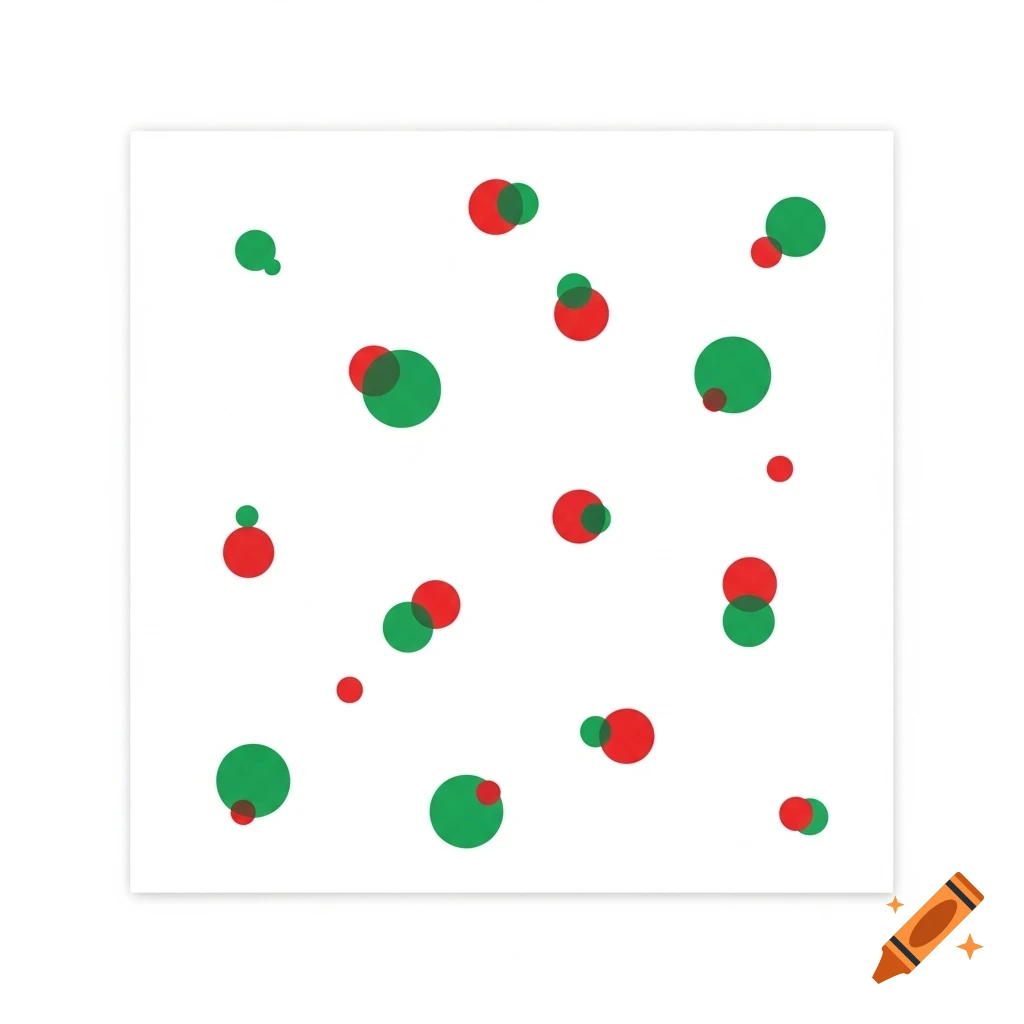 A white square with a random pattern of overlapping red and green circles of various sizes.
