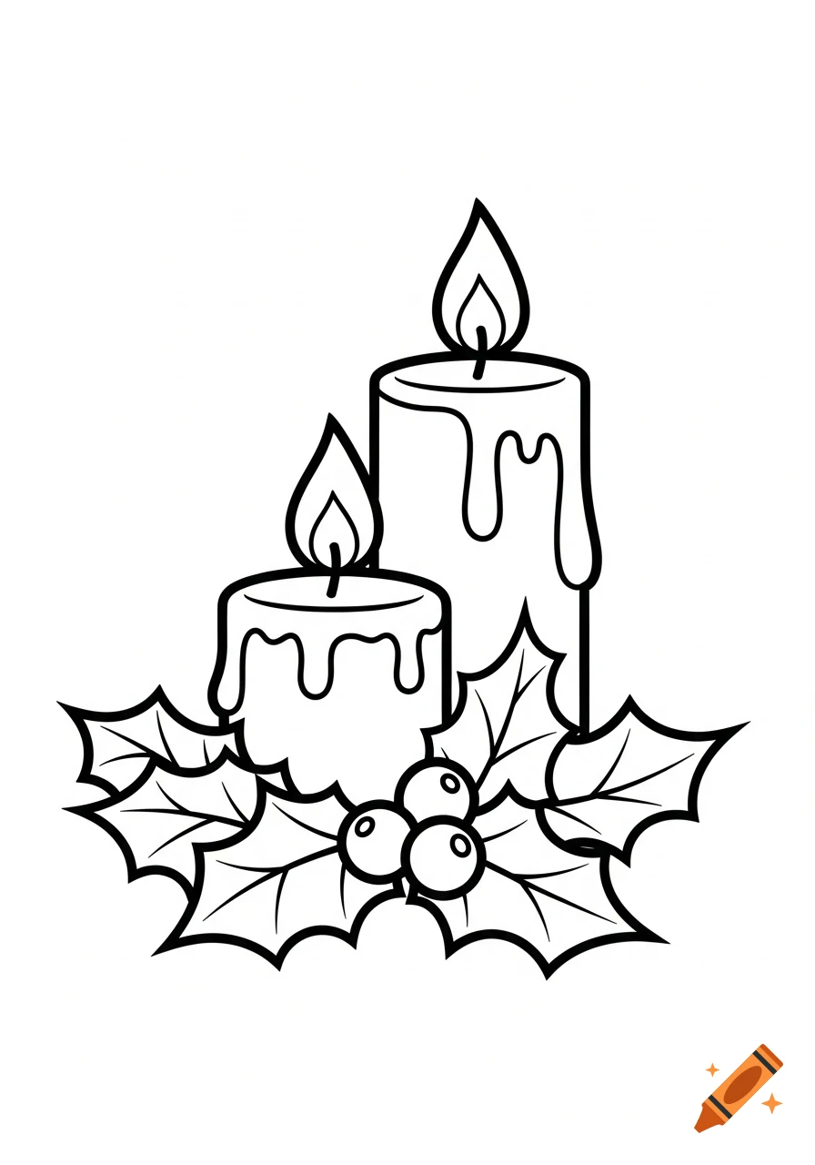 Black and white line art coloring page of two Christmas candles with melting wax and three holly leaves with berries at their base.