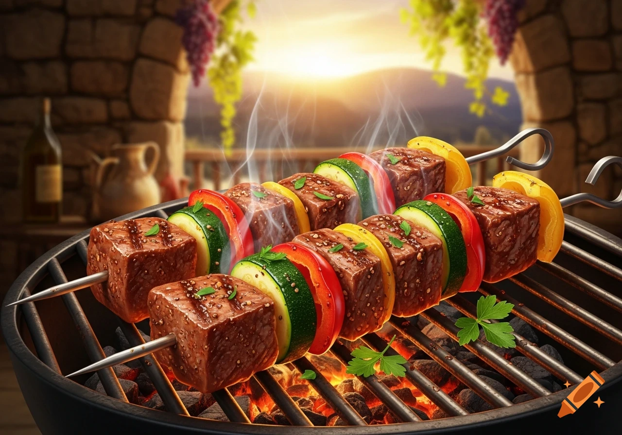 Photorealistic skewers of meat, zucchini, and bell peppers grilling over hot coals, with smoke rising on an outdoor patio at sunset.