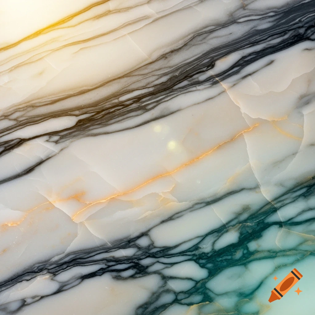 White, black, gold, and teal veined marble texture with diagonal patterns.