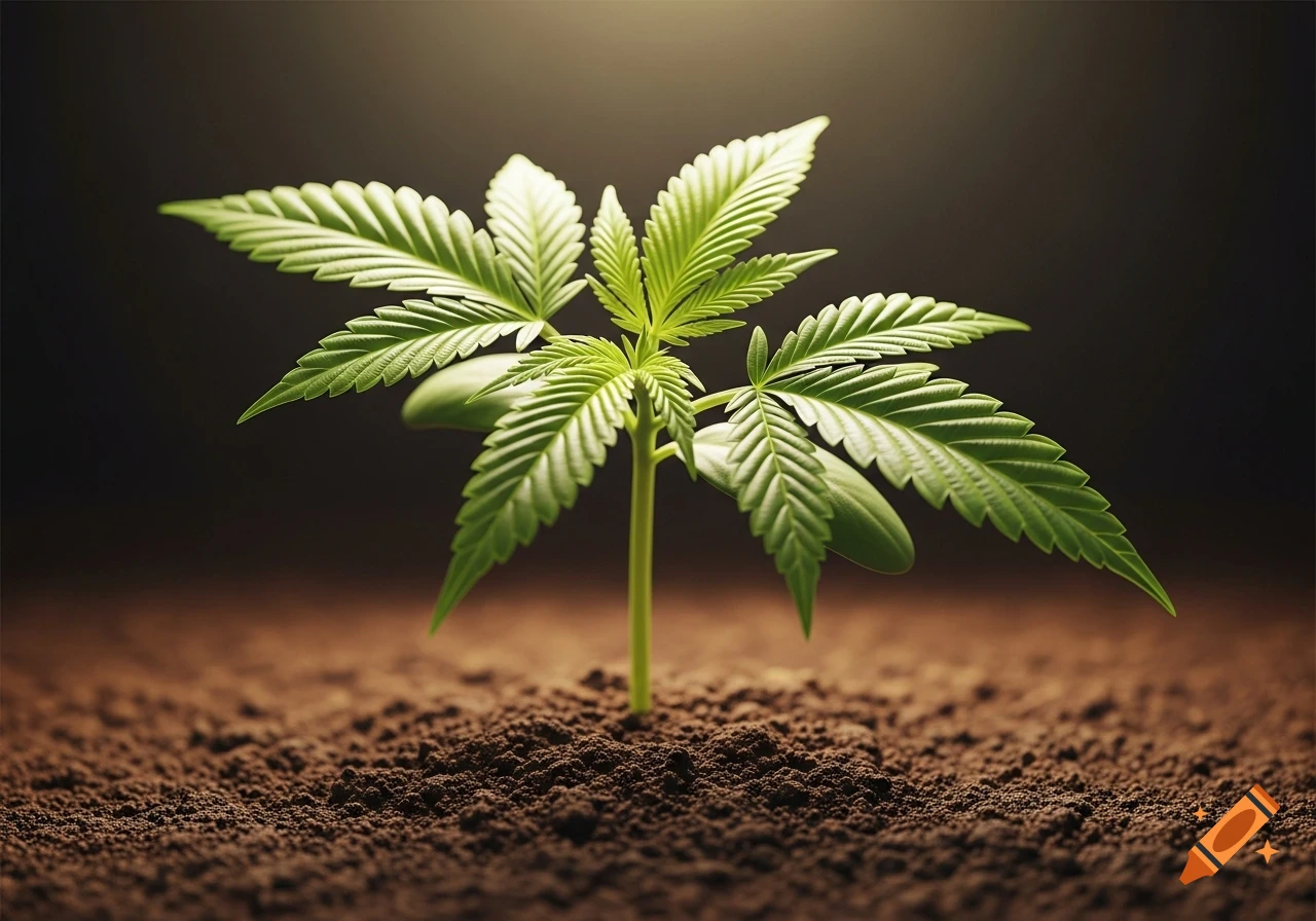 A vibrant green cannabis seedling sprouts from dark brown soil, illuminated by a warm light from above, in a photorealistic style.