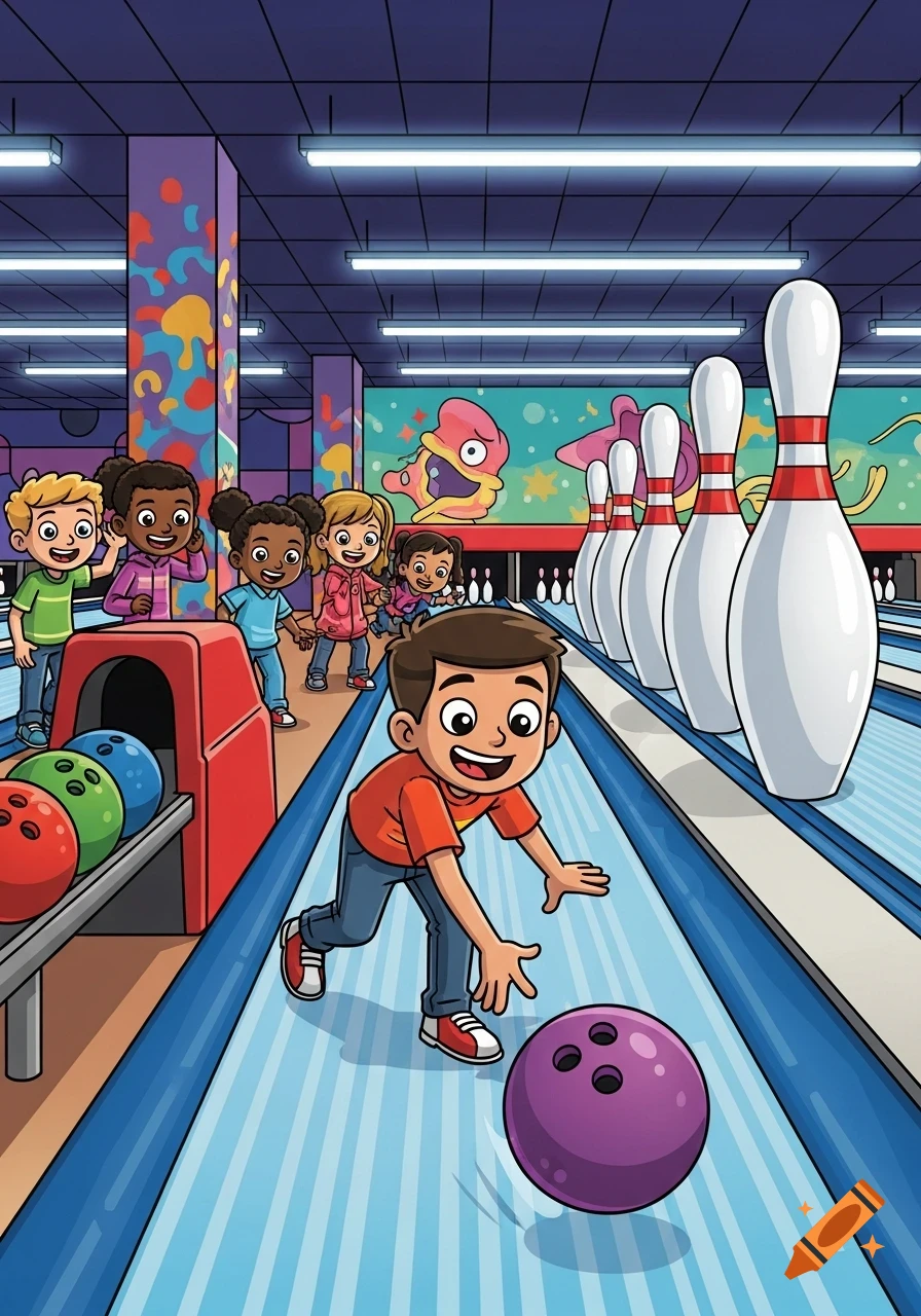 A cartoon of a diverse group of excited children bowling in a vibrant alley.