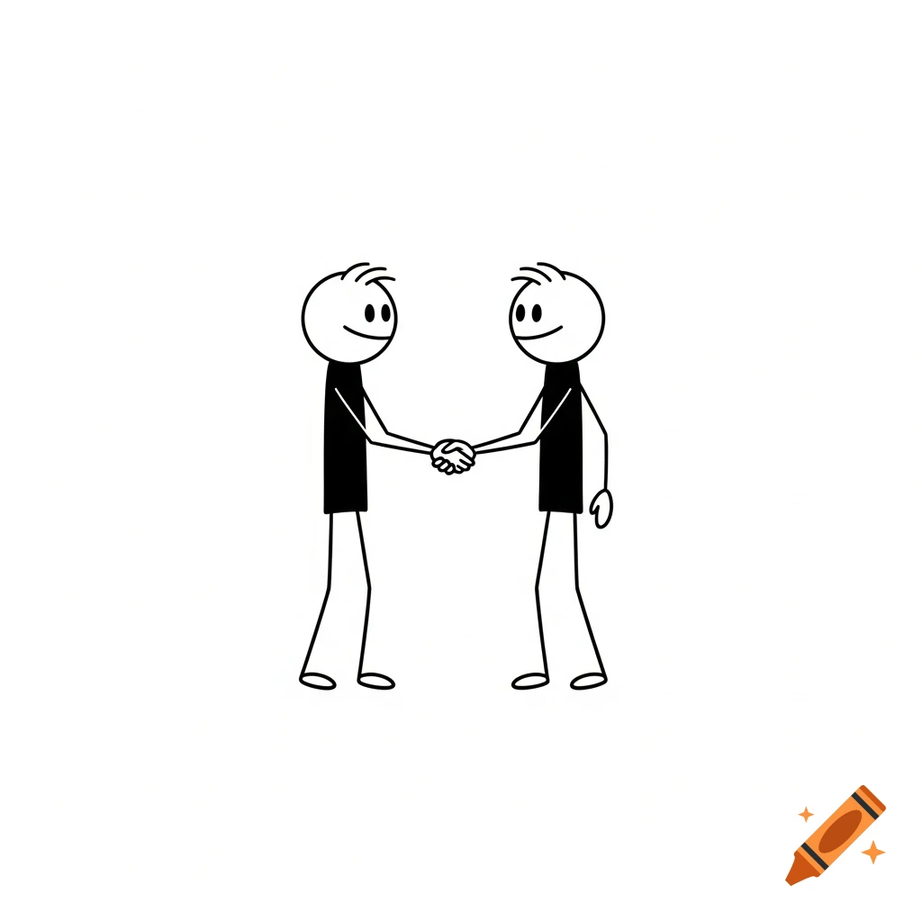 Two minimalist stick figures with black bodies and white heads cheerfully shaking hands against a white background.