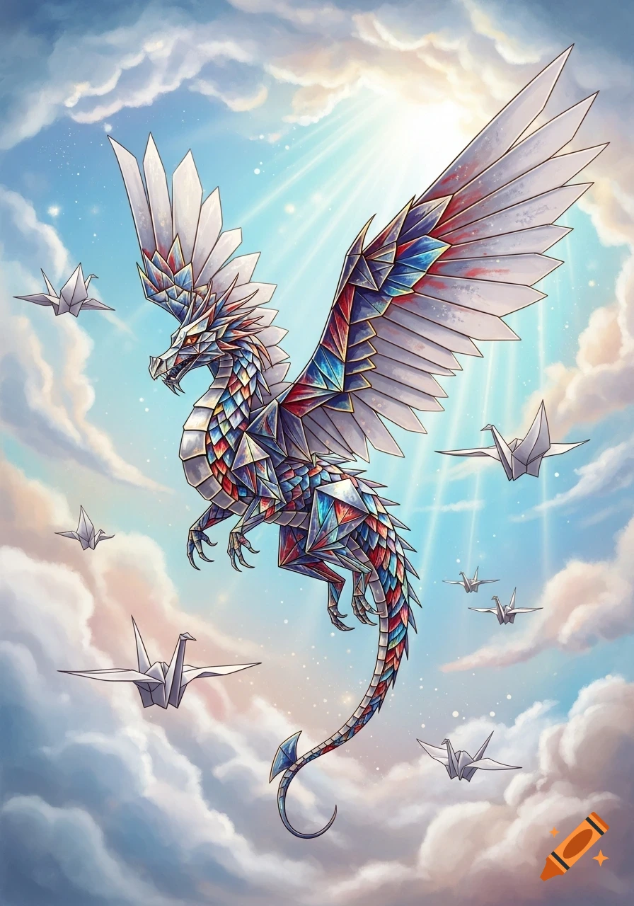 A majestic origami-style dragon with colorful faceted scales and white wings soars among paper cranes in a cloudy, sunlit sky.