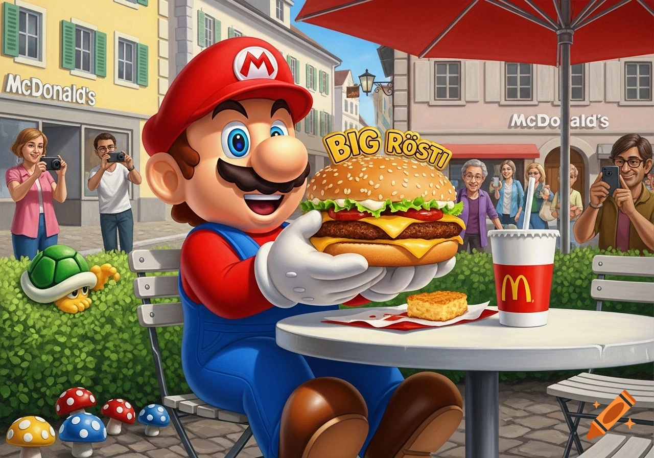 Super Mario happily holds a large burger with 'BIG RÖSTI' banner at an outdoor McDonald's cafe, with bystanders and a Koopa Troopa nearby.