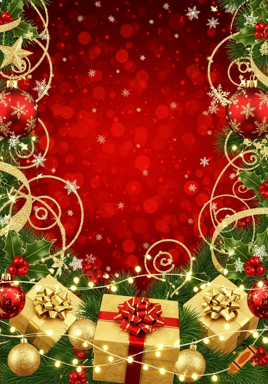 Festive Christmas border frame with red and gold ornaments, pine, holly, golden gift boxes, lights on red bokeh background.