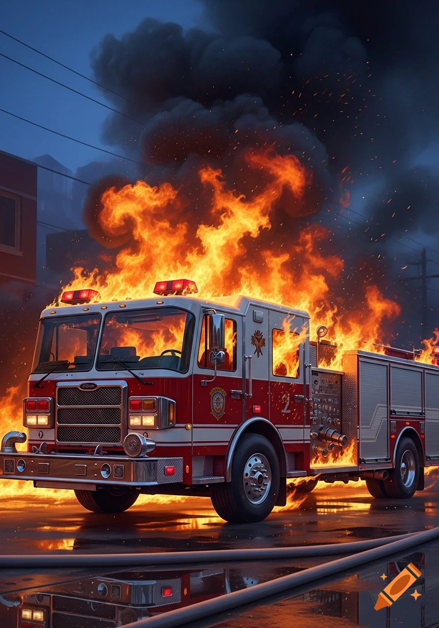 A detailed photorealistic image of a red and white fire truck engulfed in bright flames and smoke on a wet street.