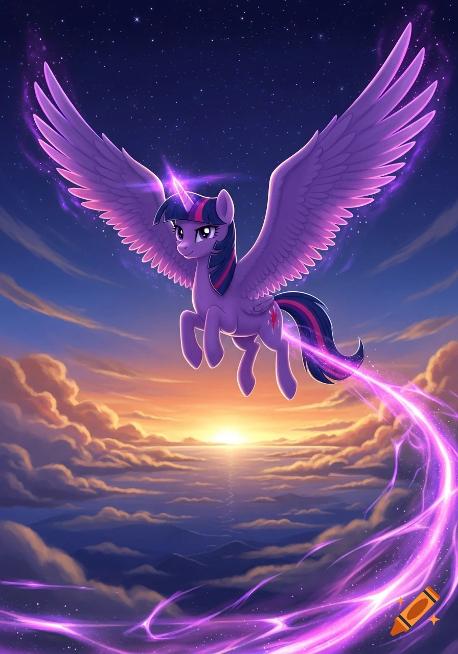 Twilight Sparkle, a purple alicorn, flies through a sunset sky with clouds and stars, leaving a magical trail.