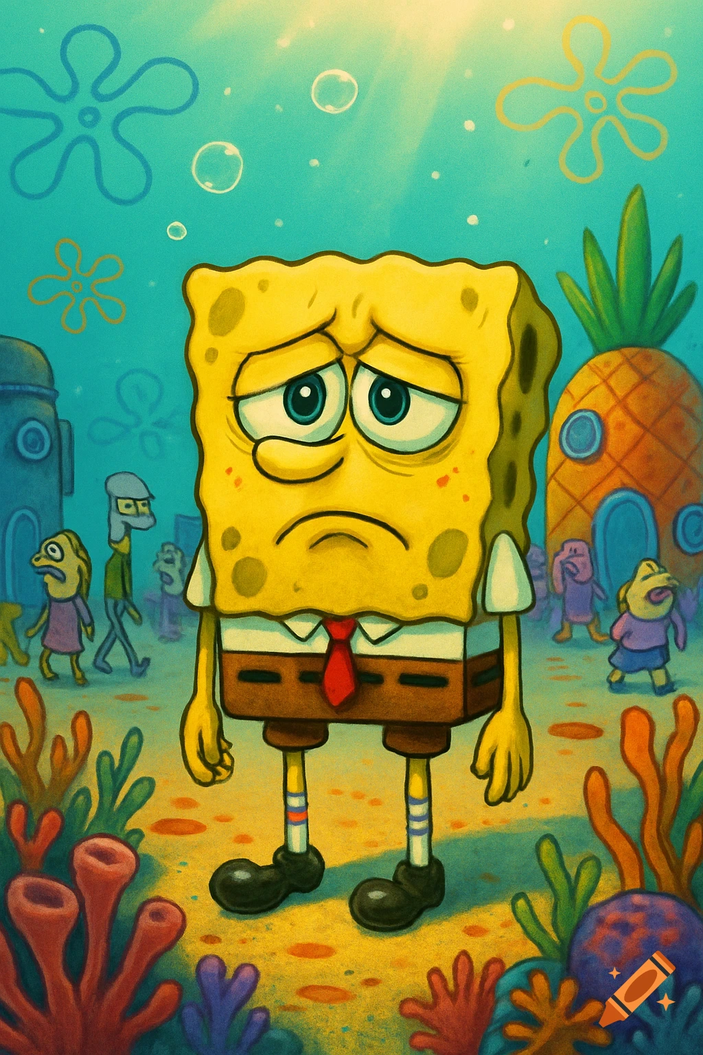 Spongebob Squarepants stands sadly in an underwater scene with other characters and coral in a cartoon style.