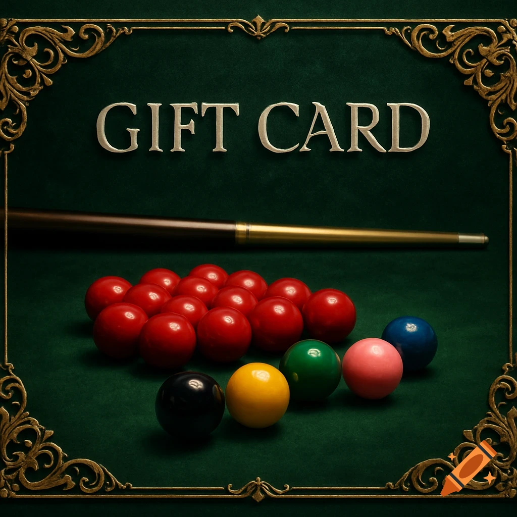 Snooker balls and a cue on a green table, with "GIFT CARD" text and an ornate gold border.