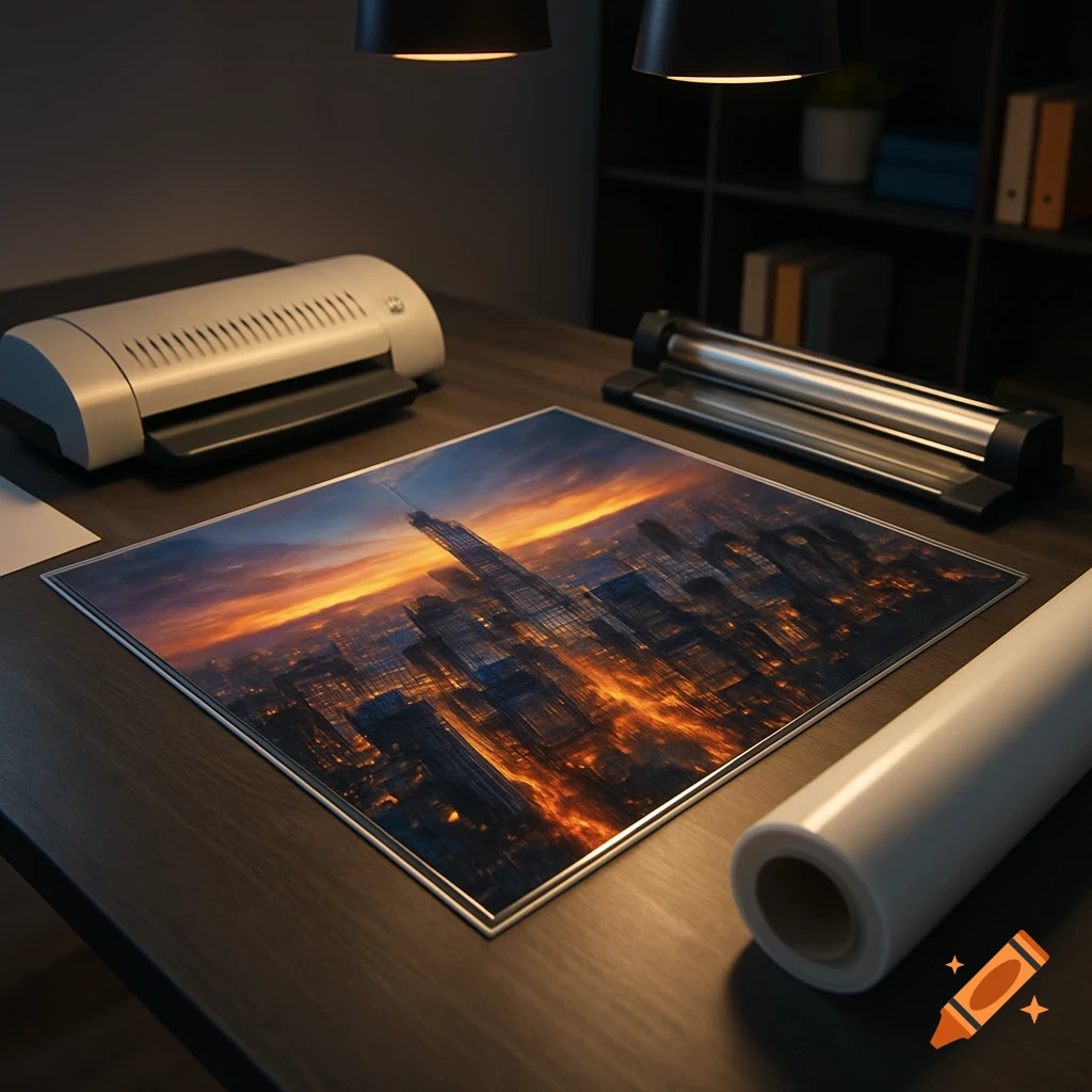 A desk with two laminating machines, a large print of a glowing city skyline at sunset, and a roll of laminating film.