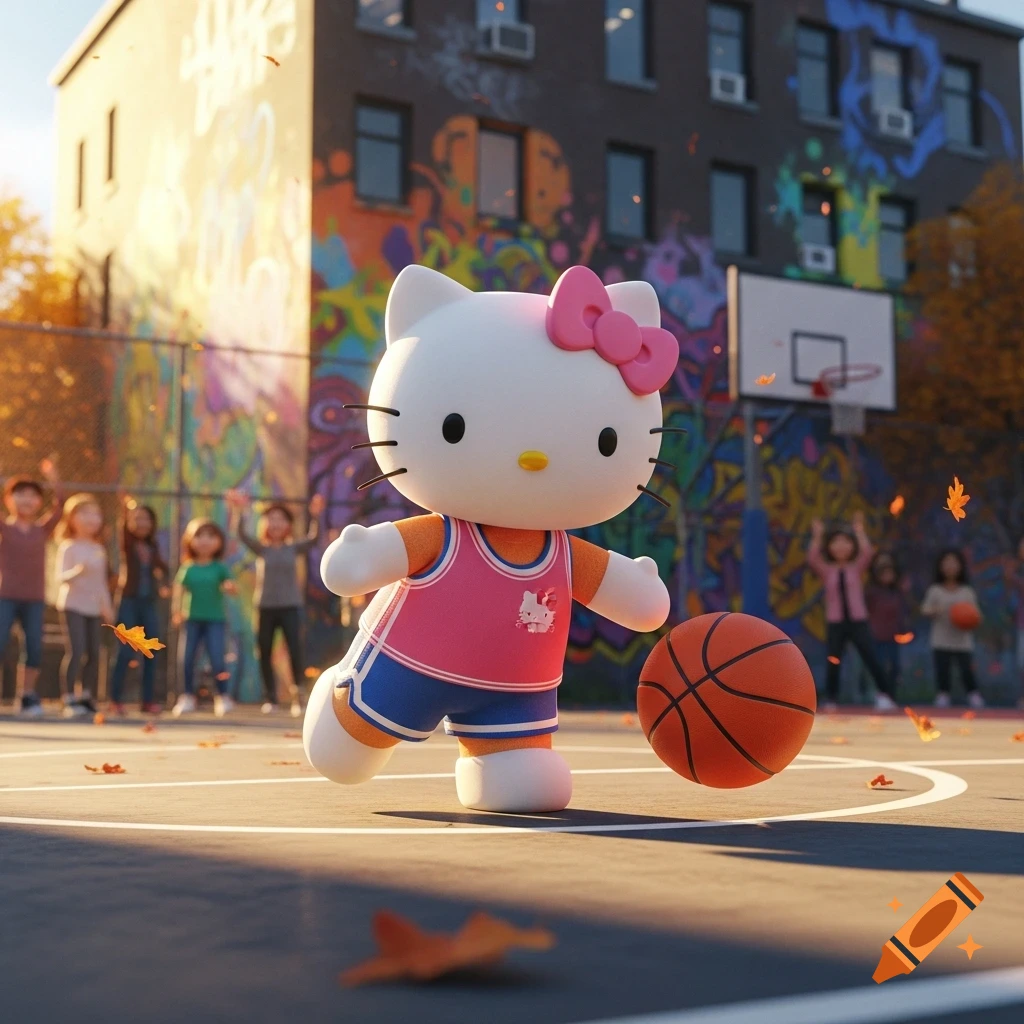 Hello Kitty in a pink and blue basketball uniform dribbling a ball on an outdoor court with children, a graffiti building, and autumn leaves.