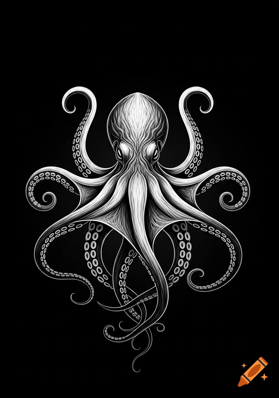 Stylized black and white illustration of an octopus with intricate ...