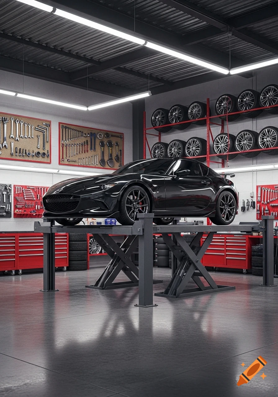 A sleek black Mazda sports car sits on a hydraulic lift in a modern, well-equipped garage with tools and tire racks.