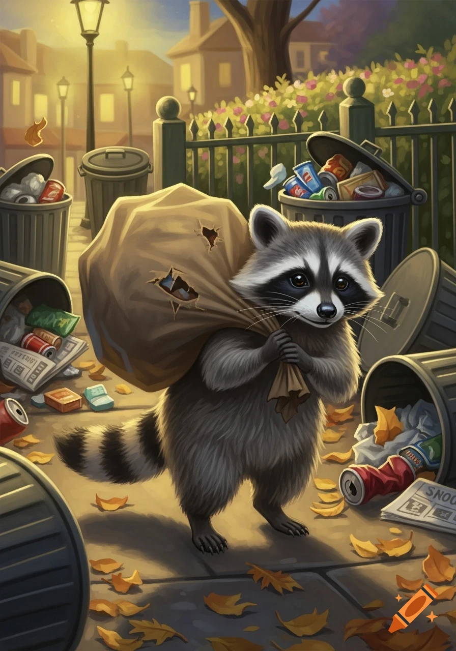 A cute cartoon raccoon carries a torn trash bag over its shoulder, surrounded by overflowing trash cans and fallen autumn leaves on a sidewalk at dusk.
