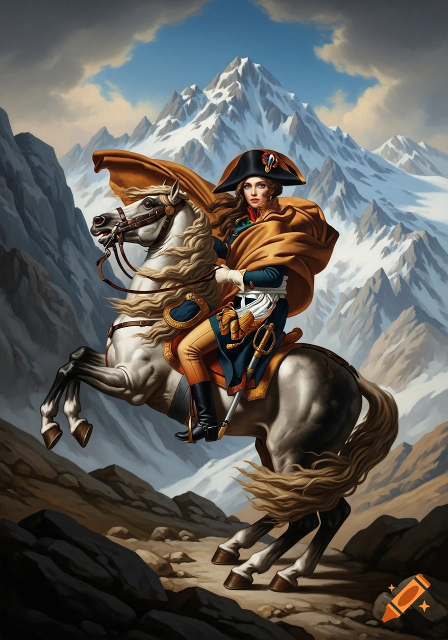 A woman resembling Napoleon, in 19th-century military uniform and flowing cape, rides a white horse rearing amidst a rocky mountain pass under a blue sky, in the style of a classical painting.