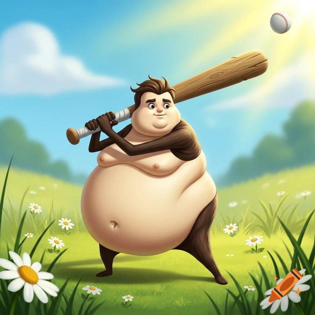 A plump, shirtless cartoon man holds a baseball bat in a sunny green field with daisies, looking at a baseball flying in the sky.