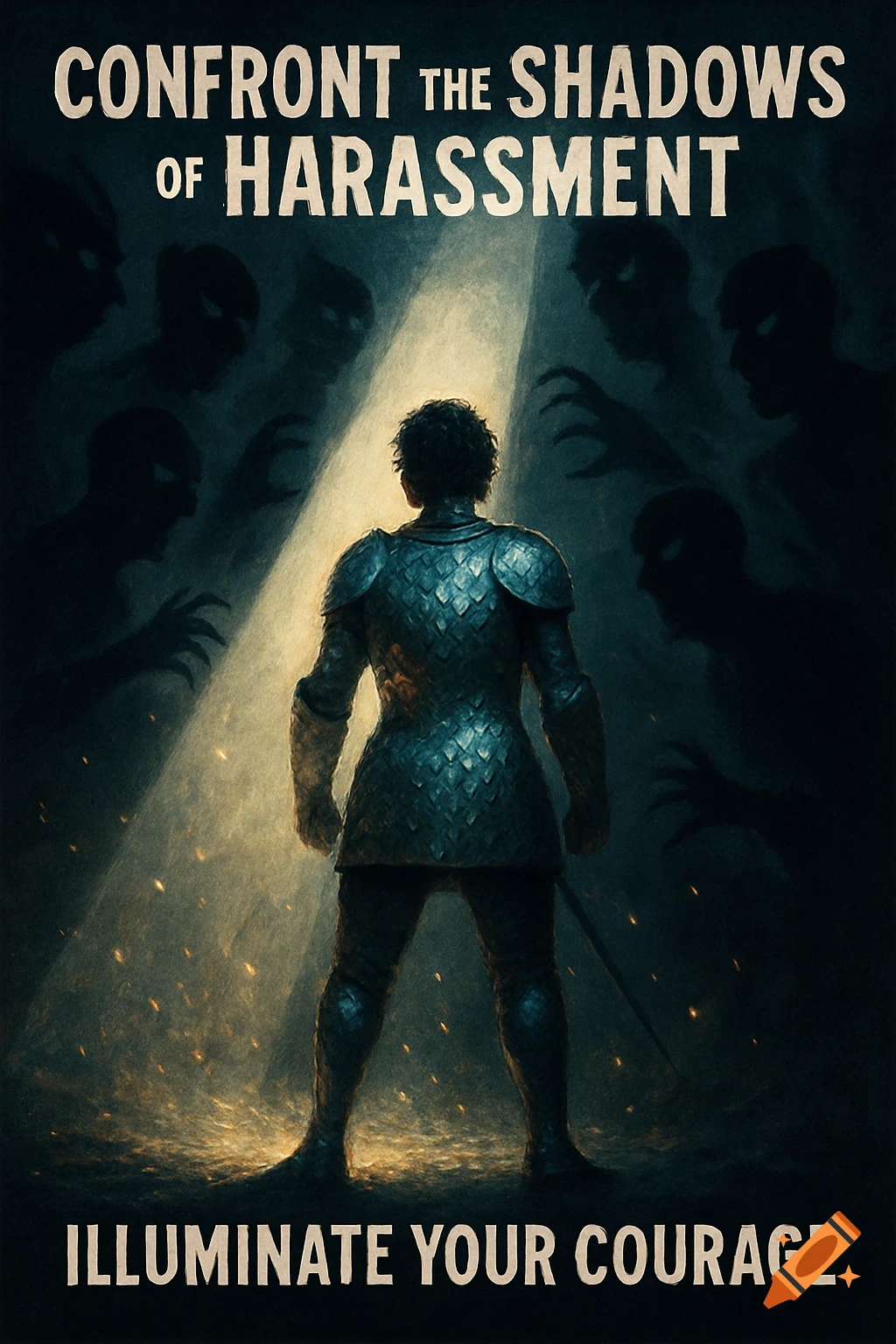 An armored figure faces dark, shadowy entities in a beam of light. Text reads 'CONFRONT THE SHADOWS OF HARASSMENT' and 'ILLUMINATE YOUR COURAGE'.