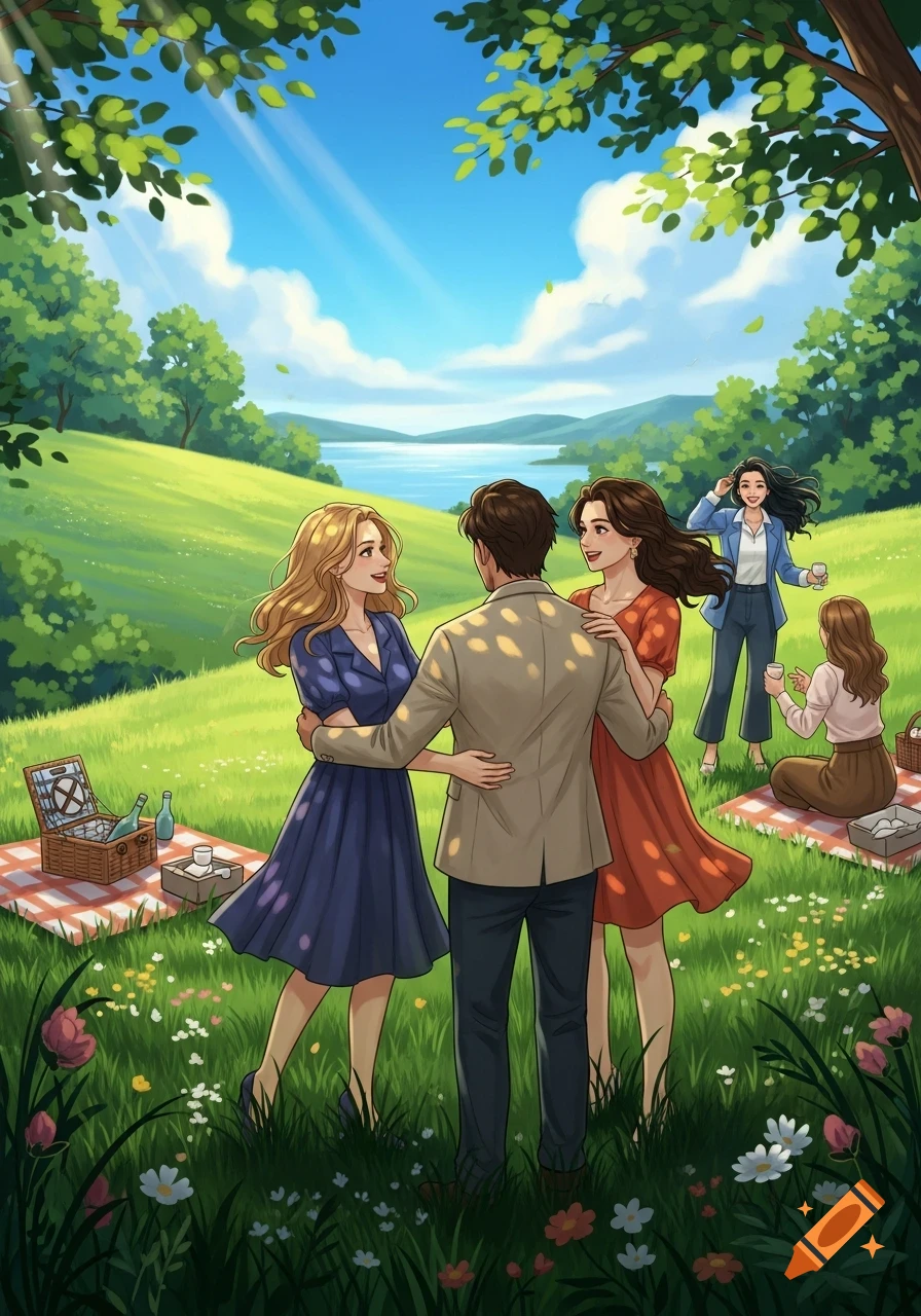 Illustrated scene of five adults enjoying a sunny picnic in a green park by a lake, under a leafy tree.