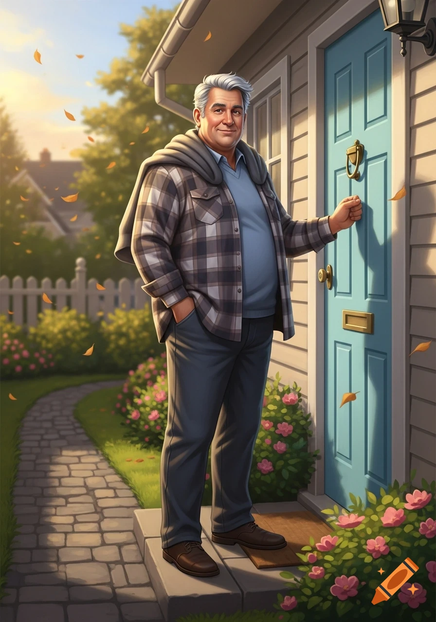 A smiling man with gray hair, wearing a plaid shirt and hoodie, knocks on a blue door of a suburban house as autumn leaves fall.