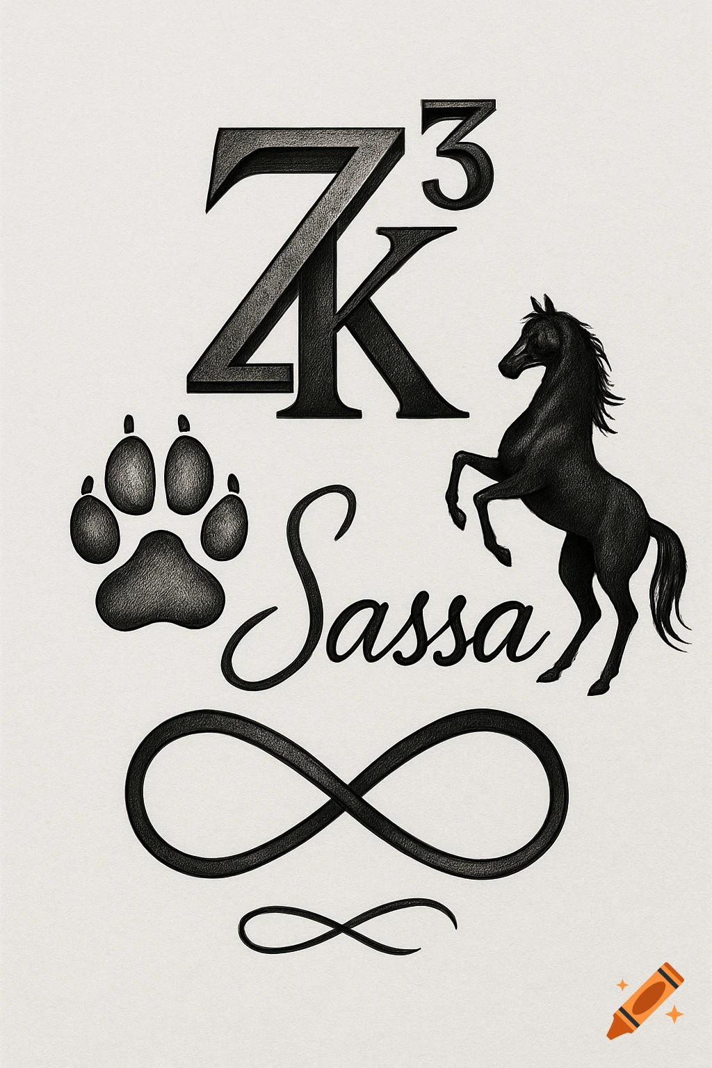 A monochrome tattoo design featuring a textured 'Z' with a superscript '3', a 'K', a paw print, the name 'Sassa', a rearing black horse, and an infinity symbol.