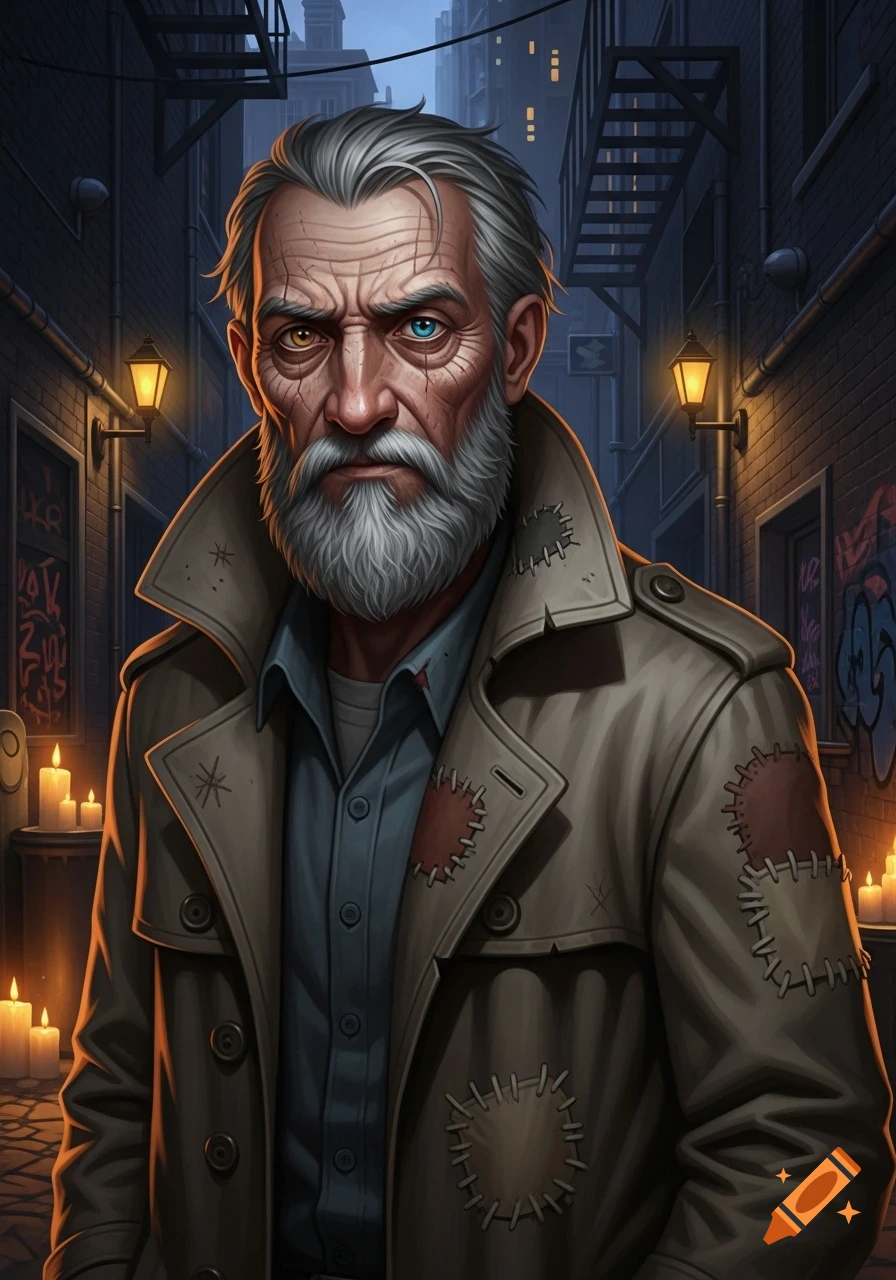Digital art portrait of a rugged old man with a white beard, heterochromia, and a patched trench coat in a dark, candlelit alley.