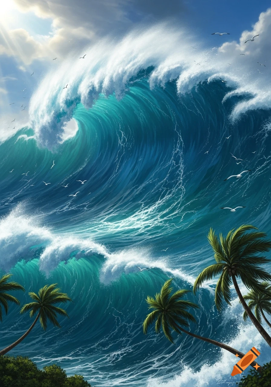 A giant turquoise and blue ocean wave crashes near a tropical beach with green palm trees and seagulls under a bright, cloudy sky.