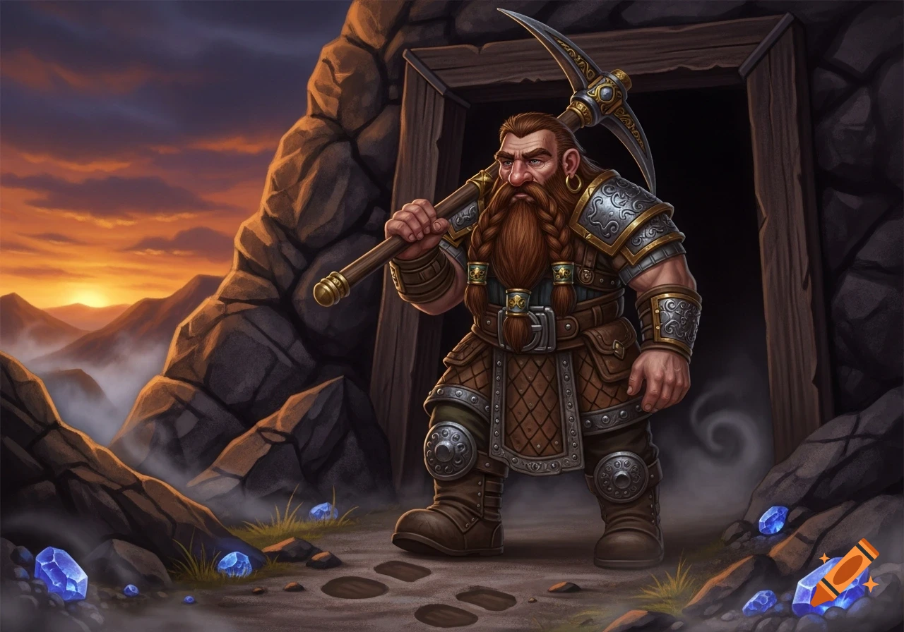 A fantasy dwarf with a braided beard carries a pickaxe, standing at a mine entrance with blue crystals at sunset. Digital painting.