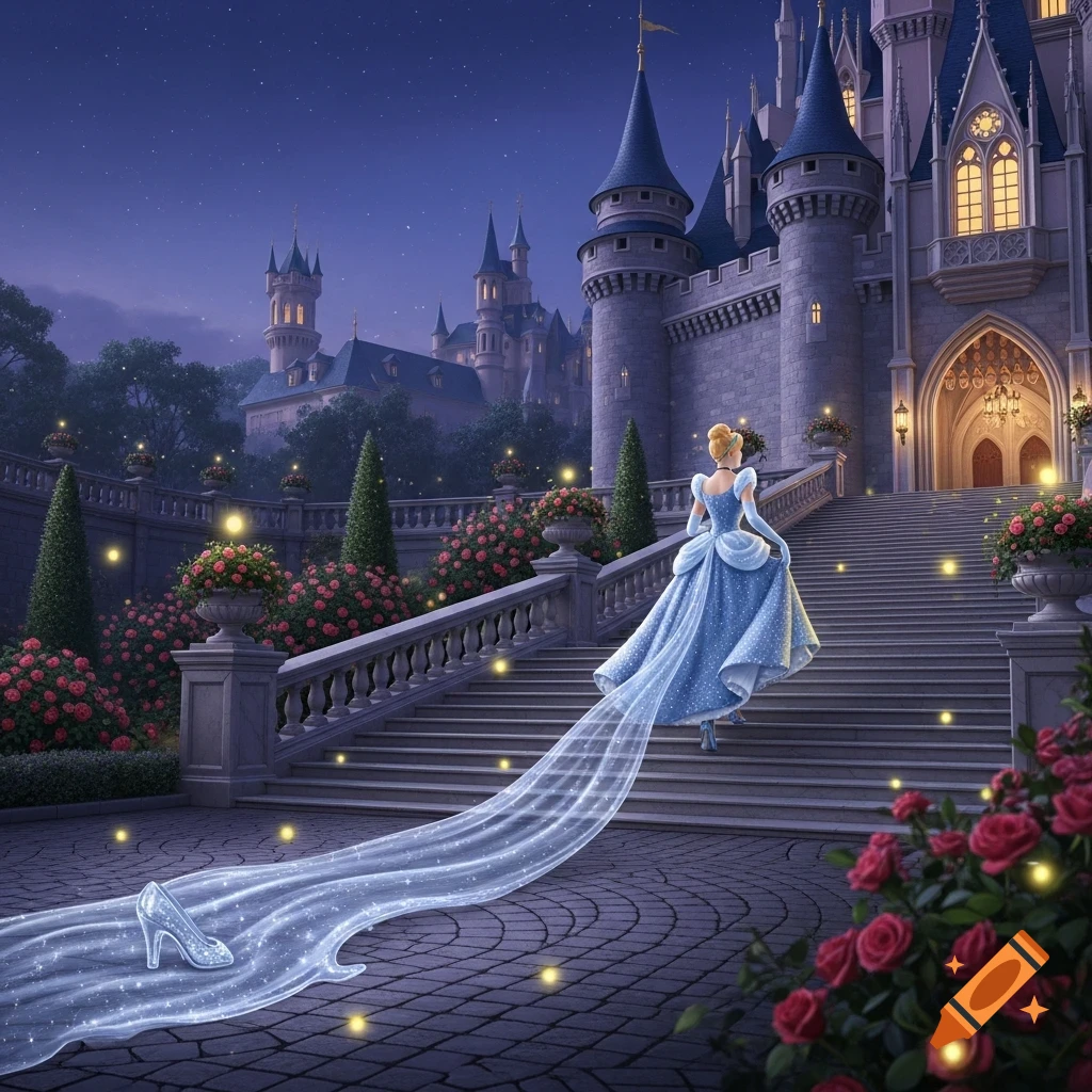 Cinderella in a blue gown walks up castle steps at night, a glowing glass slipper left on the path in a fairytale illustration.