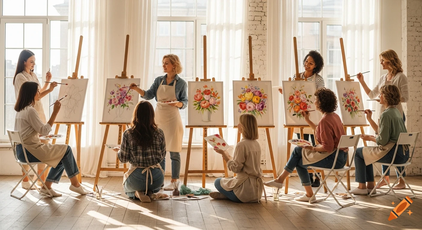 Eight happy women painting floral art on canvases in a sunlit art studio.