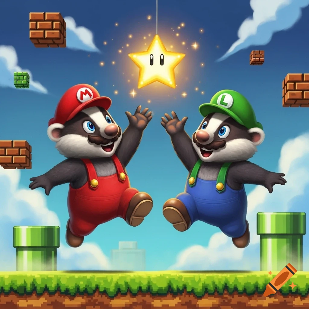 Two cartoon badgers in Mario and Luigi costumes jump for a glowing invincibility star in a vibrant Super Mario Bros. landscape.